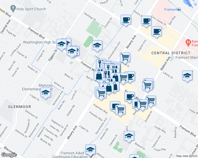map of restaurants, bars, coffee shops, grocery stores, and more near in Fremont