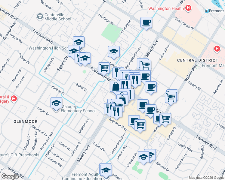 map of restaurants, bars, coffee shops, grocery stores, and more near 38845 Bell Street in Fremont