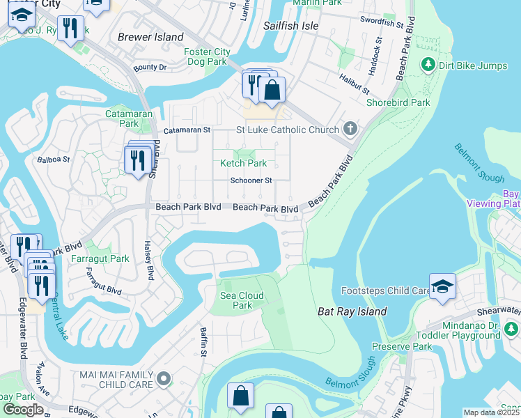 map of restaurants, bars, coffee shops, grocery stores, and more near 926 Beach Park Boulevard in Foster City