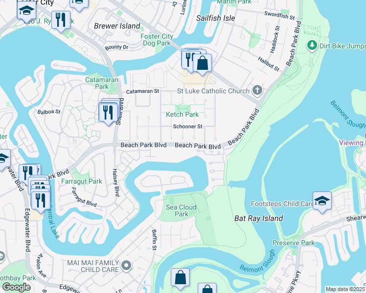 map of restaurants, bars, coffee shops, grocery stores, and more near 926 Beach Park Boulevard in Foster City