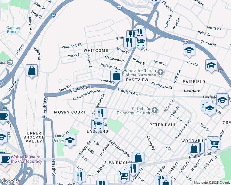 map of restaurants, bars, coffee shops, grocery stores, and more near 1519 Mechanicsville Turnpike in Richmond