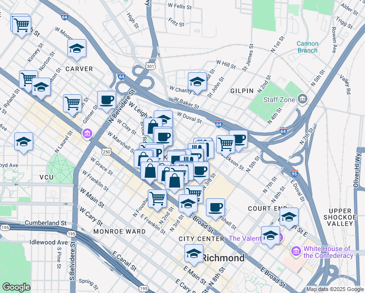 map of restaurants, bars, coffee shops, grocery stores, and more near 21 East Leigh Street in Richmond