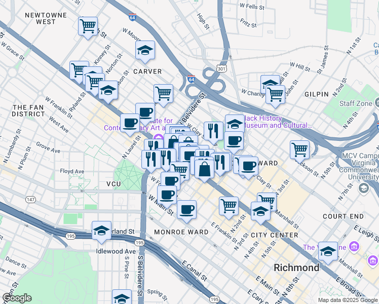 map of restaurants, bars, coffee shops, grocery stores, and more near 309 North Monroe Street in Richmond