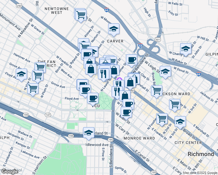 map of restaurants, bars, coffee shops, grocery stores, and more near 700 West Franklin Street in Richmond