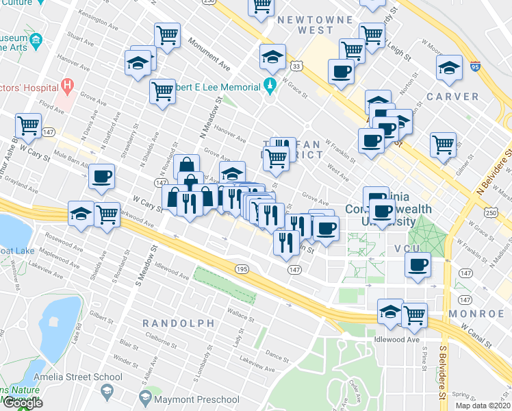 map of restaurants, bars, coffee shops, grocery stores, and more near 1618 West Main Street in Richmond