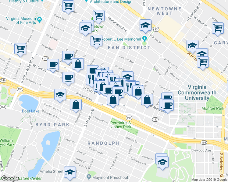 map of restaurants, bars, coffee shops, grocery stores, and more near 3A South Granby Street in Richmond