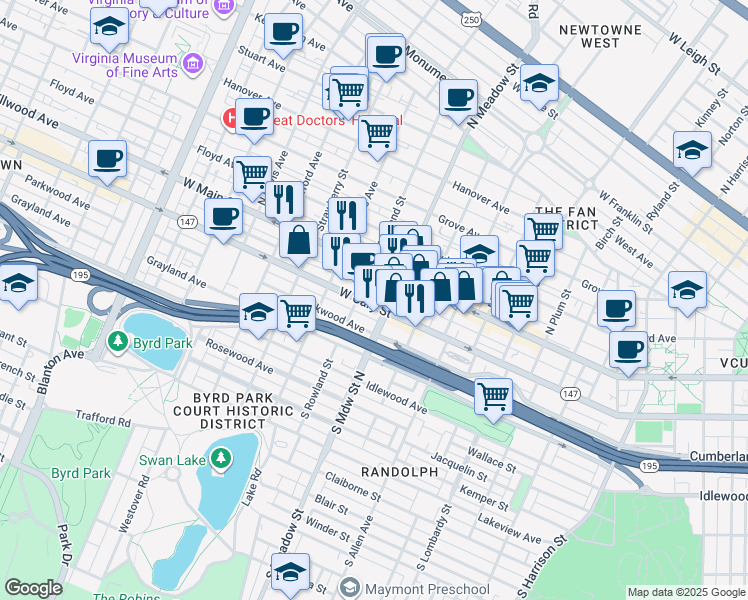 map of restaurants, bars, coffee shops, grocery stores, and more near 2015 West Cary Street in Richmond
