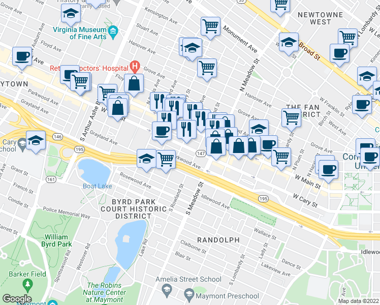 map of restaurants, bars, coffee shops, grocery stores, and more near 2115 Parkwood Avenue in Richmond