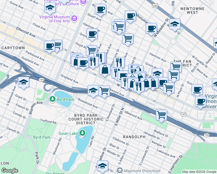 map of restaurants, bars, coffee shops, grocery stores, and more near 2115 Parkwood Avenue in Richmond