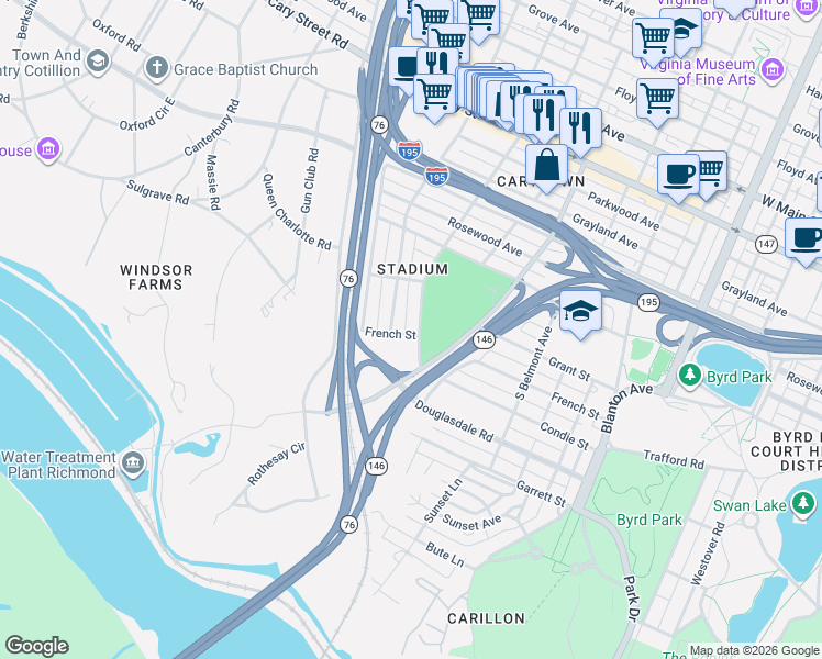 map of restaurants, bars, coffee shops, grocery stores, and more near 800 Freeman Road in Richmond