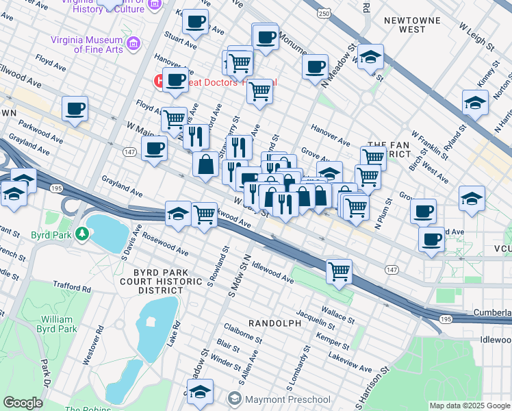 map of restaurants, bars, coffee shops, grocery stores, and more near 2018 West Cary Street in Richmond