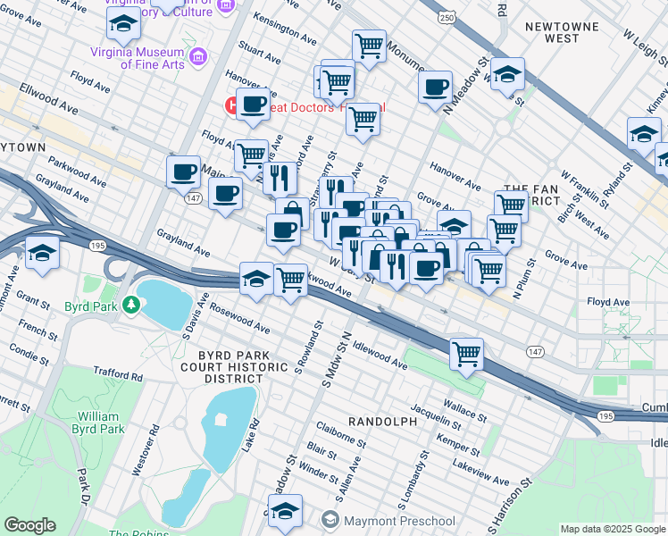 map of restaurants, bars, coffee shops, grocery stores, and more near 2107 West Cary Street in Richmond