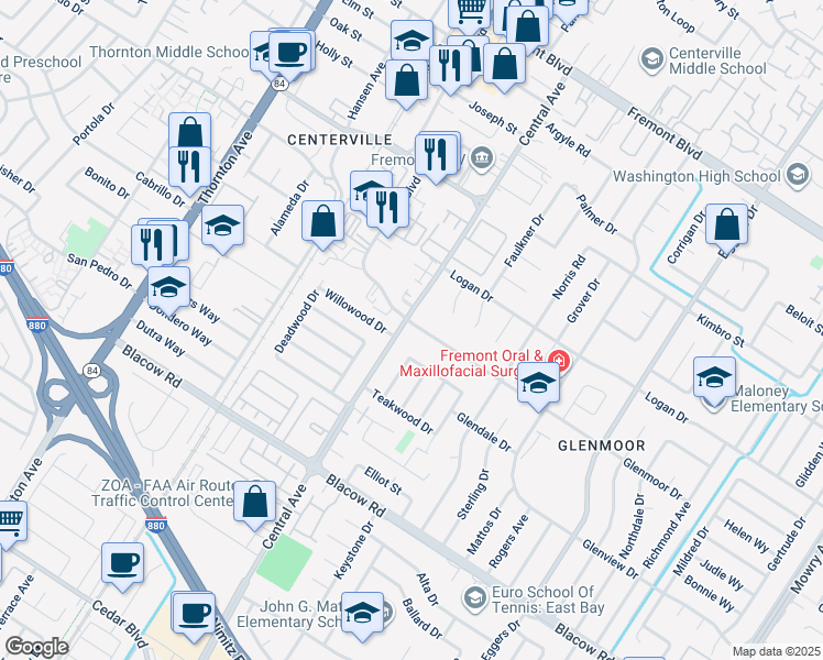 map of restaurants, bars, coffee shops, grocery stores, and more near 37621 Glenmoor Drive in Fremont