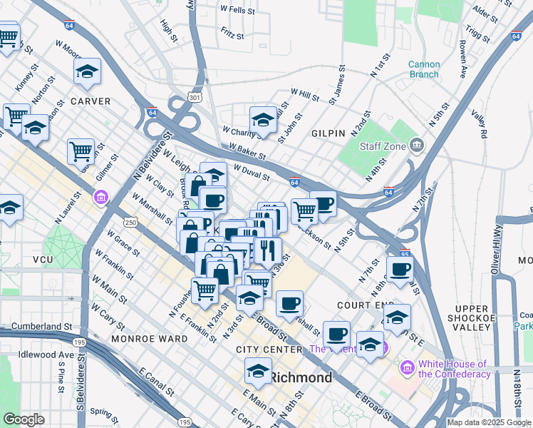 map of restaurants, bars, coffee shops, grocery stores, and more near 604 North 1st Street in Richmond