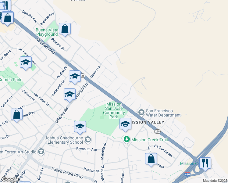 map of restaurants, bars, coffee shops, grocery stores, and more near 41252 Mission Boulevard in Fremont