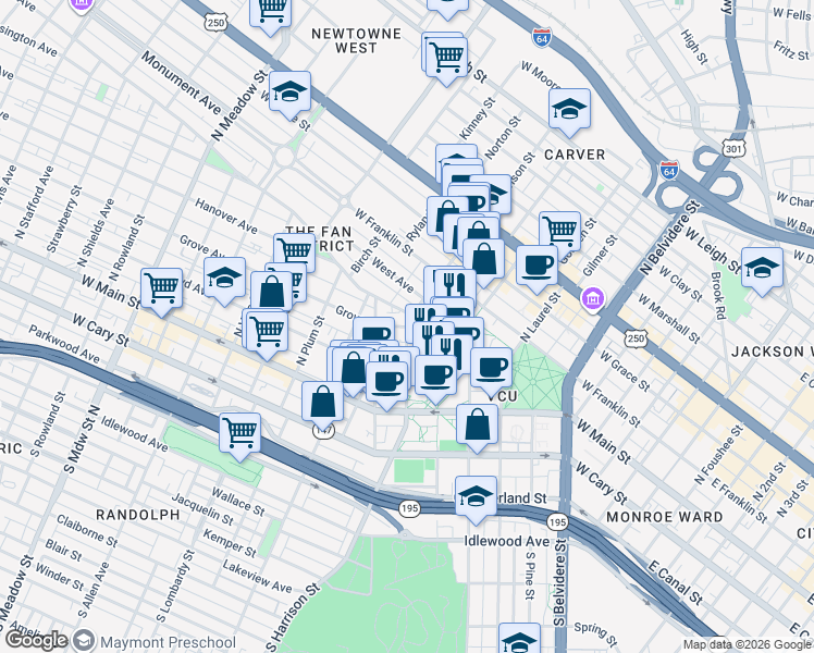 map of restaurants, bars, coffee shops, grocery stores, and more near Grove Ave & N Harrison St in Richmond