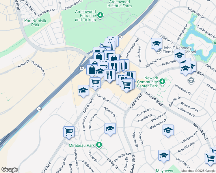 map of restaurants, bars, coffee shops, grocery stores, and more near 6220 Jarvis Avenue in Newark