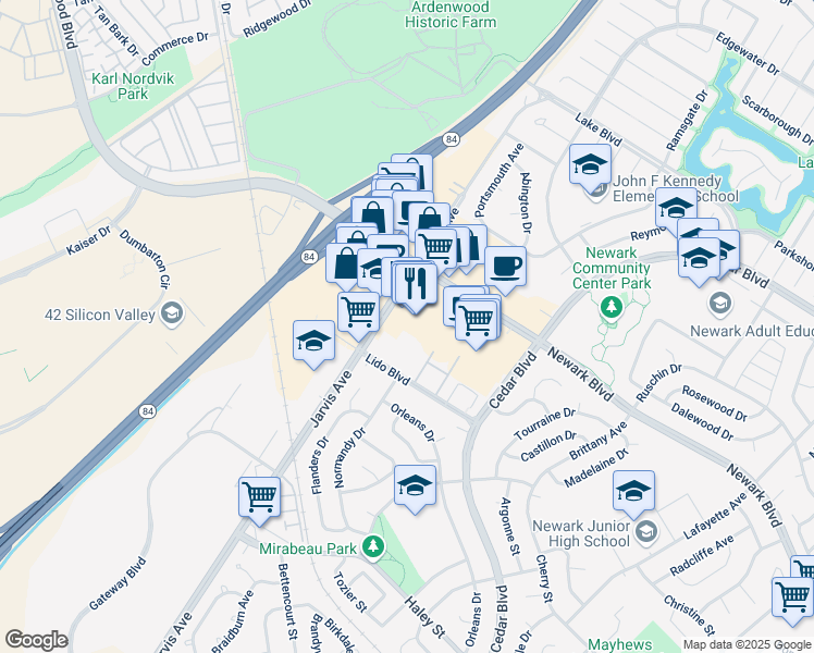 map of restaurants, bars, coffee shops, grocery stores, and more near 6220 Jarvis Avenue in Newark