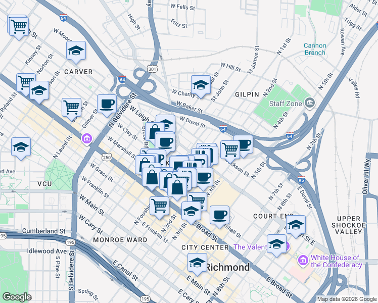 map of restaurants, bars, coffee shops, grocery stores, and more near 21 East Leigh Street in Richmond