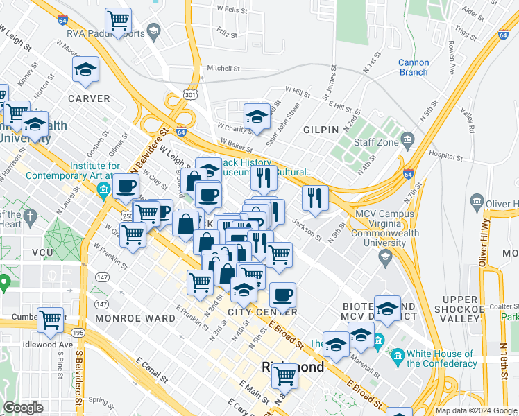map of restaurants, bars, coffee shops, grocery stores, and more near 604 North 1st Street in Richmond