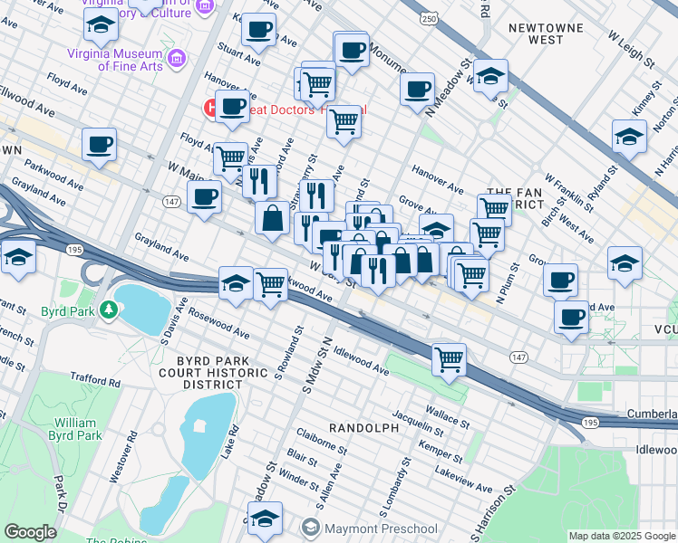 map of restaurants, bars, coffee shops, grocery stores, and more near 2018 West Cary Street in Richmond