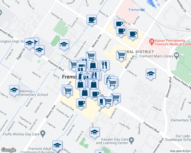 map of restaurants, bars, coffee shops, grocery stores, and more near 3815 Spirit Terrace in Fremont