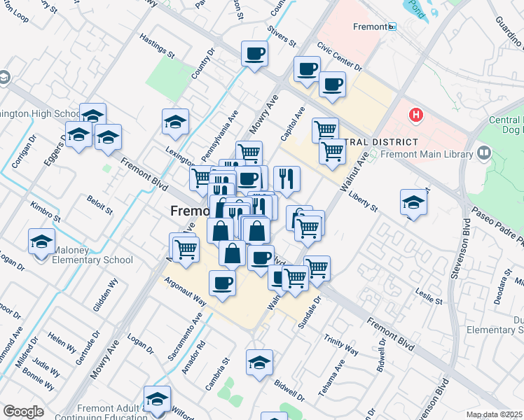 map of restaurants, bars, coffee shops, grocery stores, and more near 39134 Memorial Street in Fremont