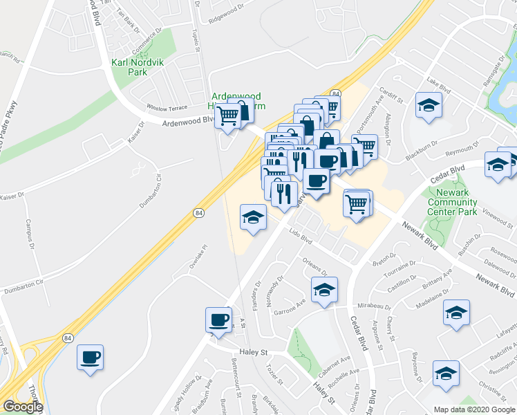 map of restaurants, bars, coffee shops, grocery stores, and more near 35455 Dumbarton Ct in Newark