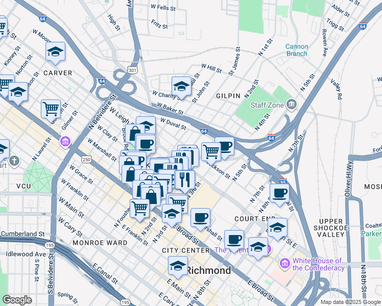 map of restaurants, bars, coffee shops, grocery stores, and more near 615 North 1st Street in Richmond