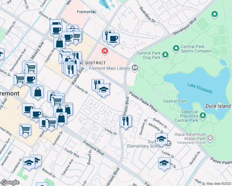 map of restaurants, bars, coffee shops, grocery stores, and more near 3200 Kearney Street in Fremont