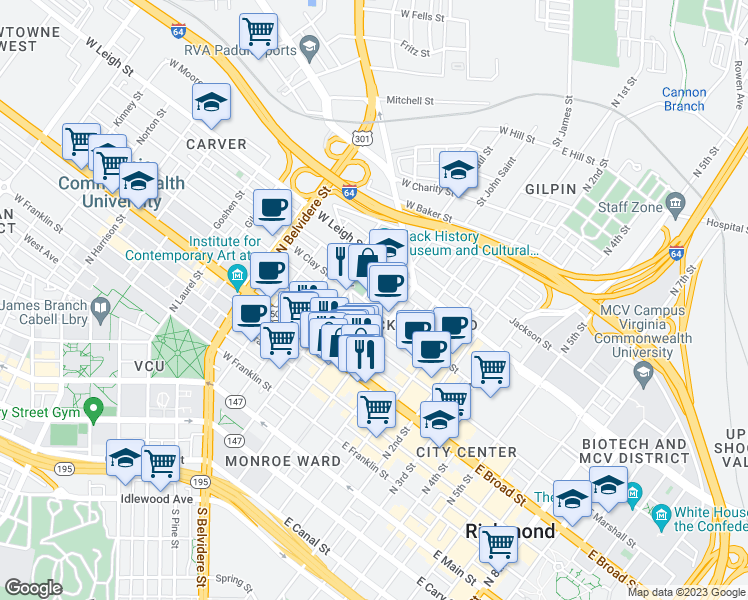 map of restaurants, bars, coffee shops, grocery stores, and more near 130 West Clay Street in Richmond