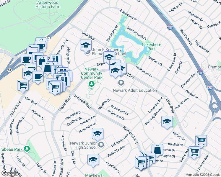 map of restaurants, bars, coffee shops, grocery stores, and more near 35808 Vinewood Street in Newark