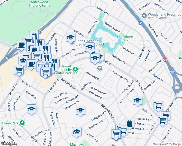 map of restaurants, bars, coffee shops, grocery stores, and more near 35808 Vinewood Street in Newark