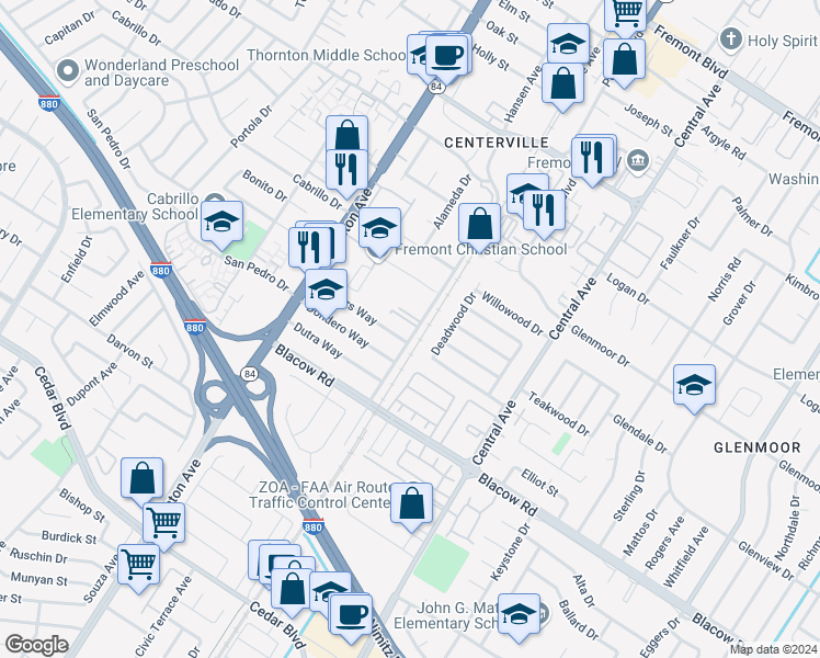 map of restaurants, bars, coffee shops, grocery stores, and more near 4851 Hansen Avenue in Fremont