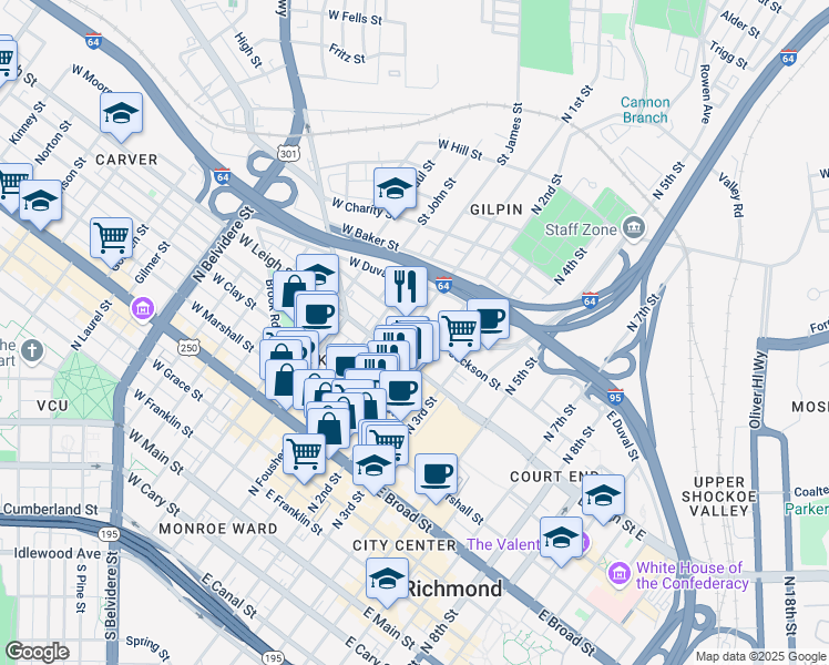 map of restaurants, bars, coffee shops, grocery stores, and more near 615 North 1st Street in Richmond