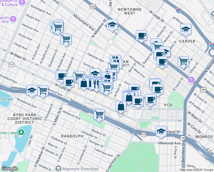 map of restaurants, bars, coffee shops, grocery stores, and more near 1521 Floyd Avenue in Richmond