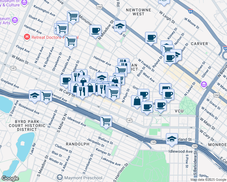 map of restaurants, bars, coffee shops, grocery stores, and more near 1613 Floyd Avenue in Richmond