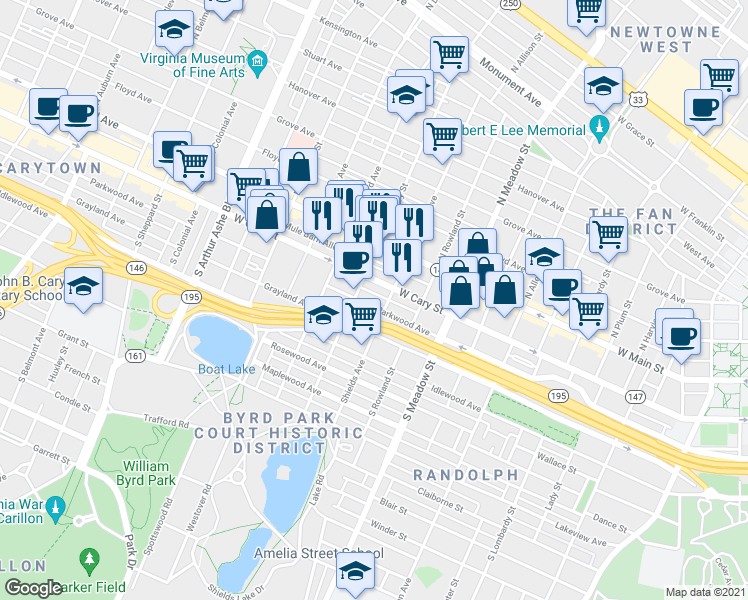map of restaurants, bars, coffee shops, grocery stores, and more near 2219 Parkwood Avenue in Richmond