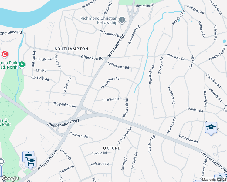 map of restaurants, bars, coffee shops, grocery stores, and more near 3808 Whitewood Road in Richmond