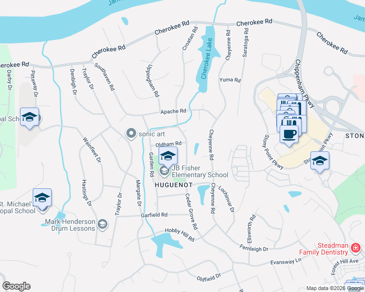 map of restaurants, bars, coffee shops, grocery stores, and more near 3811 Oldham Court in Richmond