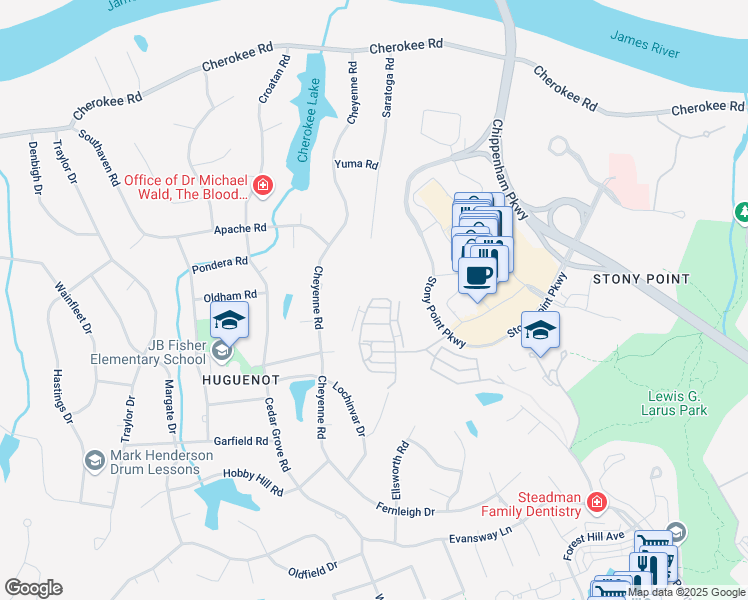 map of restaurants, bars, coffee shops, grocery stores, and more near 9471 Creek Summit Circle in Richmond