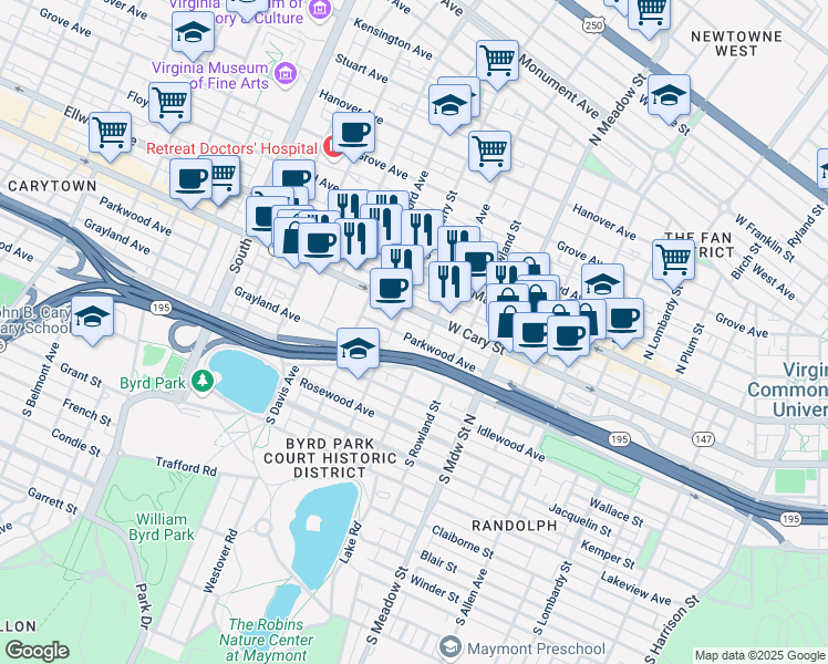 map of restaurants, bars, coffee shops, grocery stores, and more near 2210 Parkwood Avenue in Richmond
