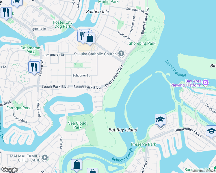 map of restaurants, bars, coffee shops, grocery stores, and more near 1108 Outrigger Lane in Foster City