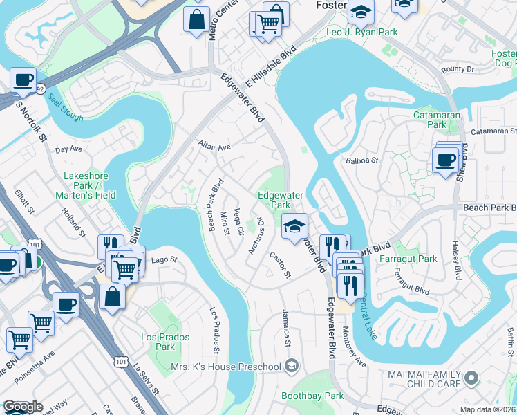 map of restaurants, bars, coffee shops, grocery stores, and more near 824 Arcturus Circle in Foster City
