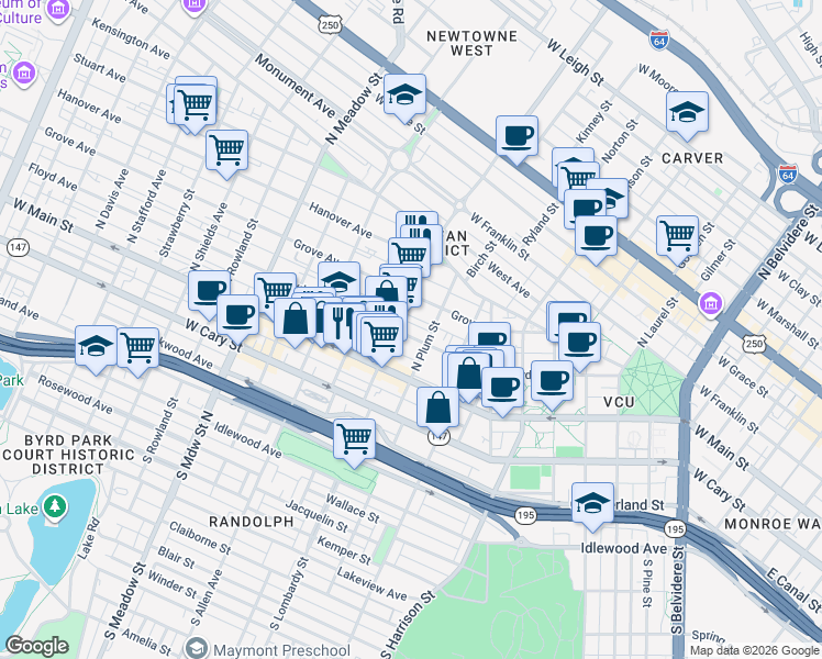 map of restaurants, bars, coffee shops, grocery stores, and more near 1521 Floyd Avenue in Richmond
