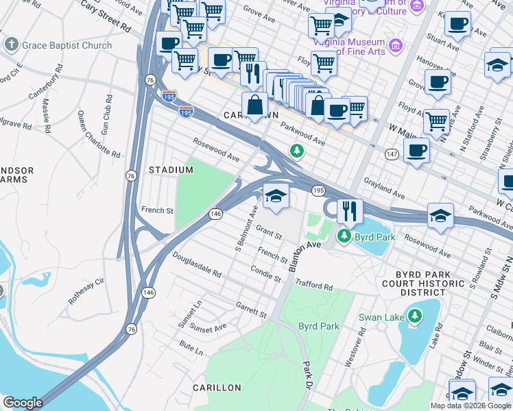 map of restaurants, bars, coffee shops, grocery stores, and more near 3200 Grant Street in Richmond