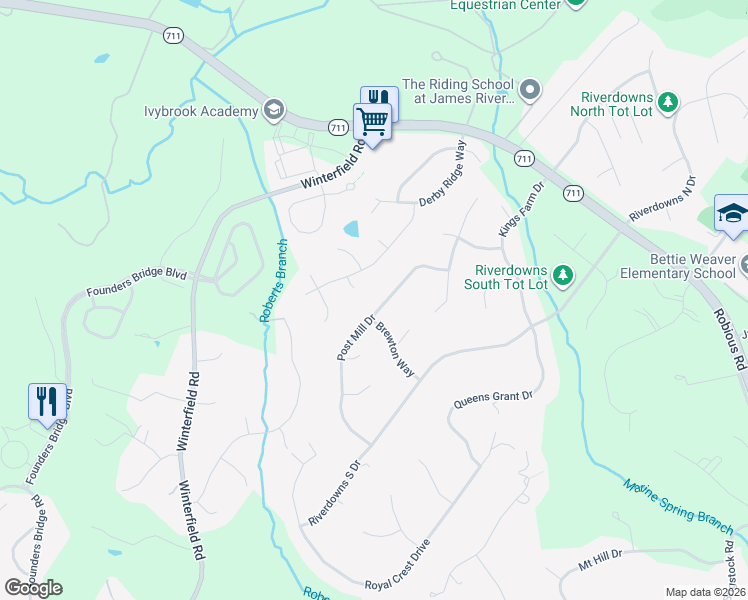 map of restaurants, bars, coffee shops, grocery stores, and more near 3412 Brewton Way in Midlothian