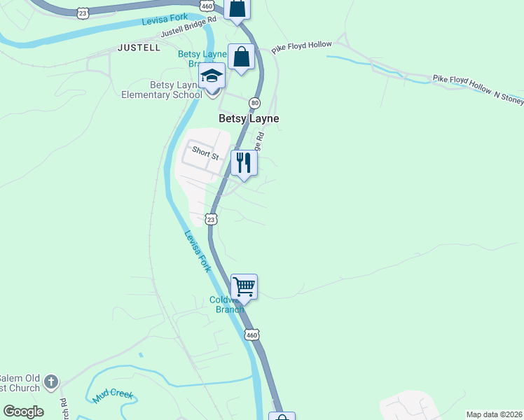 map of restaurants, bars, coffee shops, grocery stores, and more near Layne Hill Drive in Betsy Layne