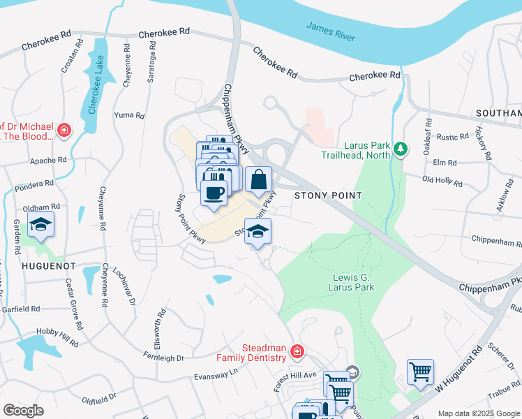 map of restaurants, bars, coffee shops, grocery stores, and more near 9604 Stony Point Parkway in Richmond