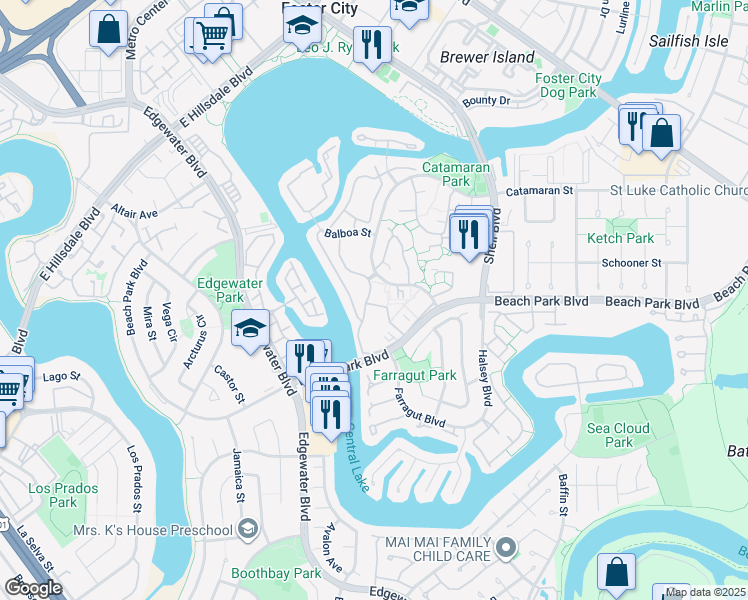map of restaurants, bars, coffee shops, grocery stores, and more near 803 Peary Lane in Foster City